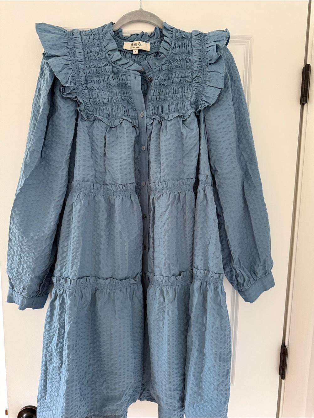 Sea Dusty Blue Long-Sleeve Ruffle Tiered Midi Dress